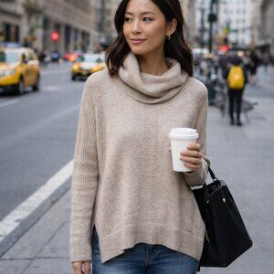 Banana Republic Petite Medium Beige Cowl Neck Sweater Hi-Low Hem Rib Knit PM